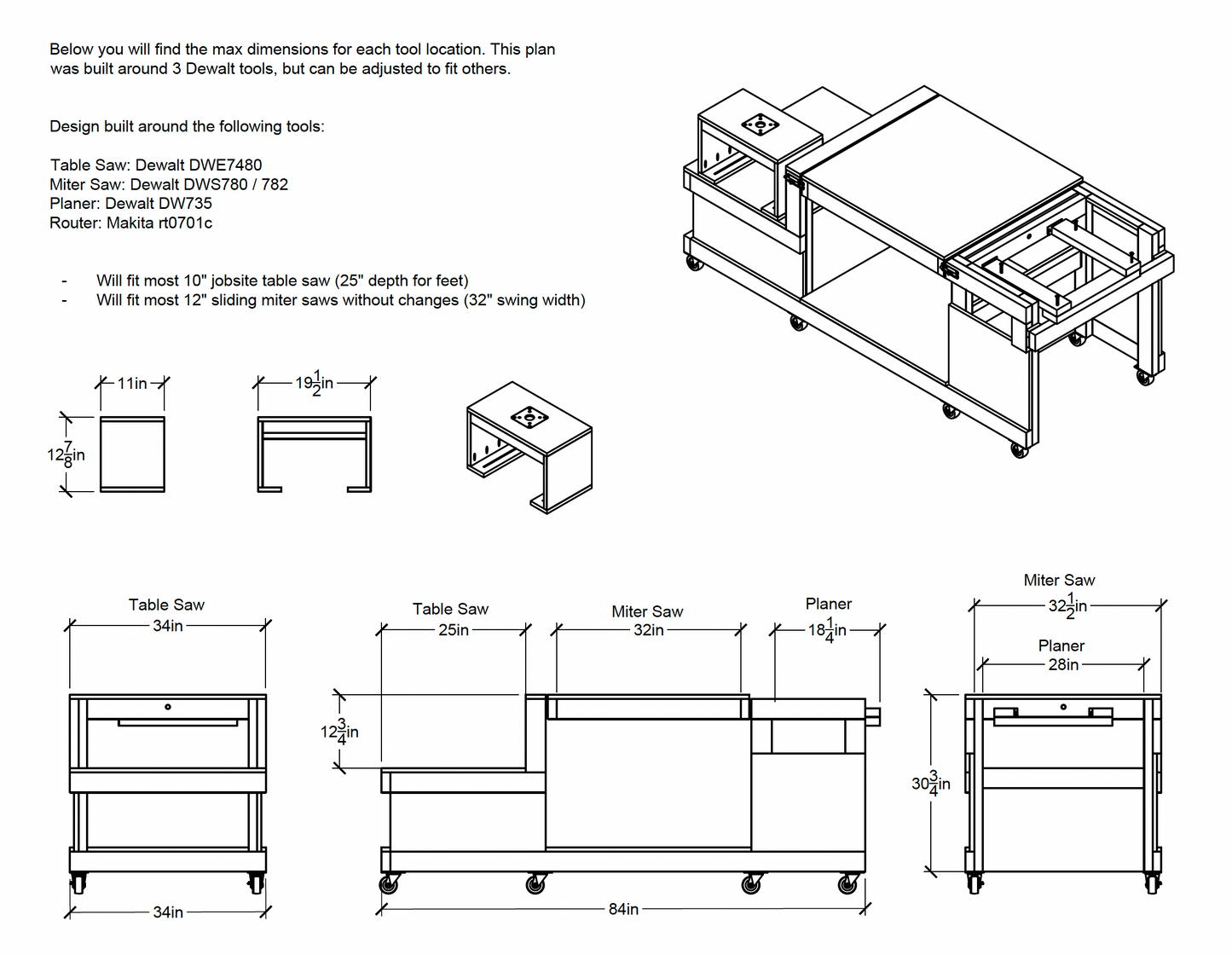 Mobile Flip Top workbench that holds table saw, miter saw, planer, router. Available in imperial and metric. Dimensions shown in inches