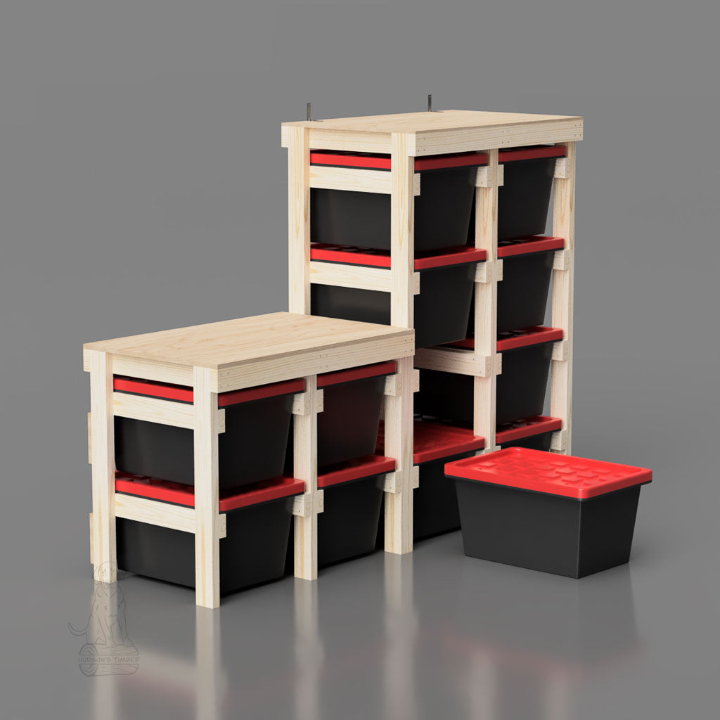side view of 27 gallon tote rack workbench with 1 removed