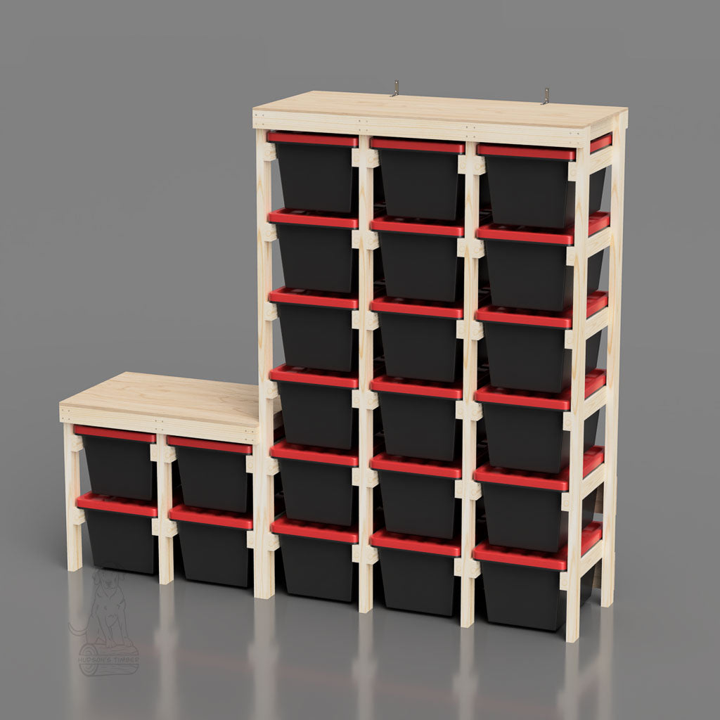 angled view of tote rack with workbench