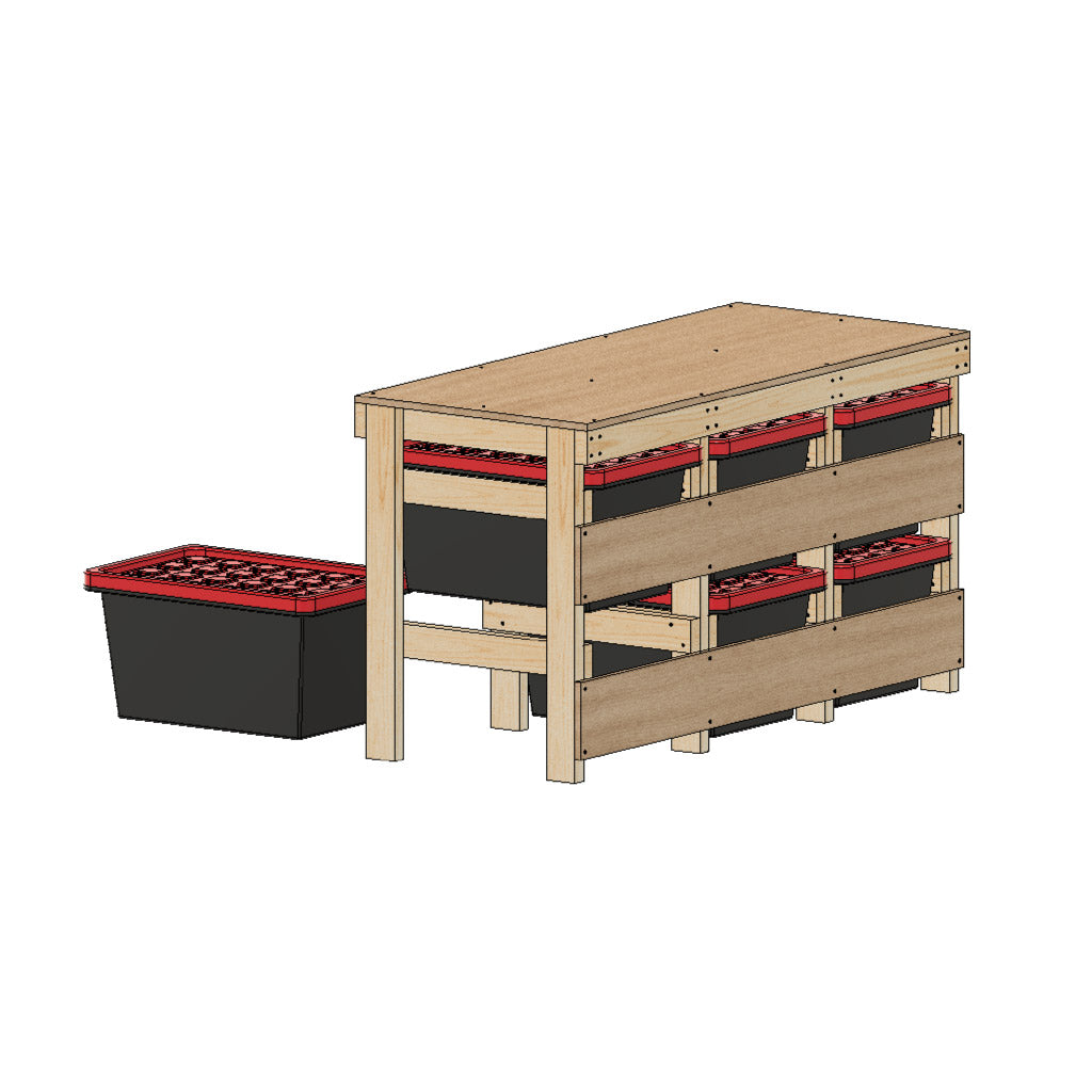 back angled view of tote rack workbench