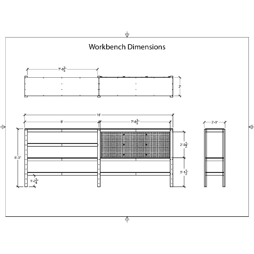 dimensions for shelving with built in work bench