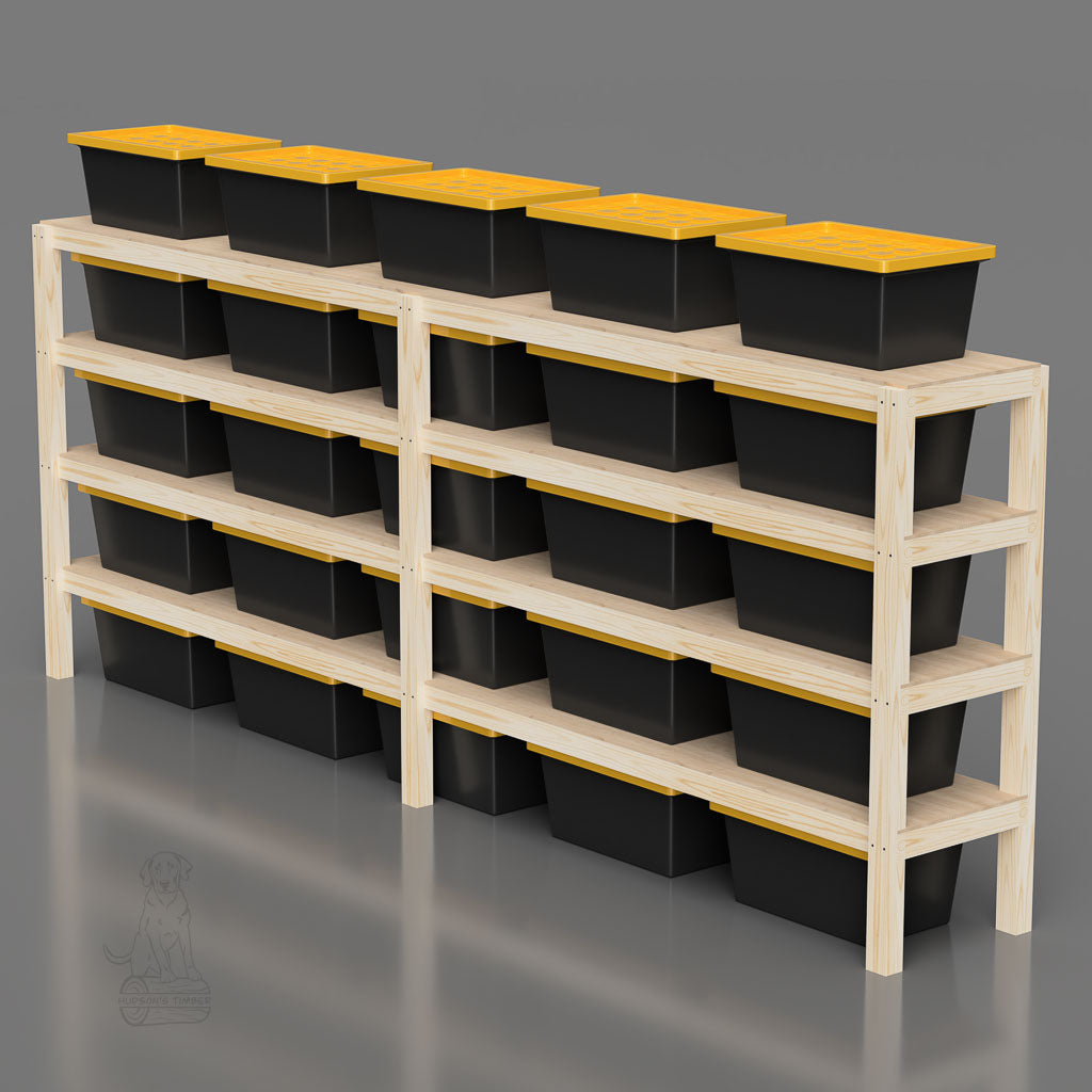 16 foot long shelving unit made from 2x4's. Detailed pdf plans for design that works with 27 gallon totes