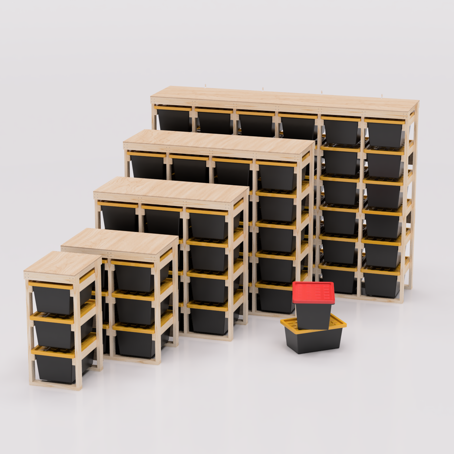 27 gallon tote storage rack plans for garage storage with shelf plans. Easy to assemble with basic tools. Plans are compatible with 27 gallon totes sold at lowes, sams club, home depot, costco, menards 5 models shown compatible with HDX