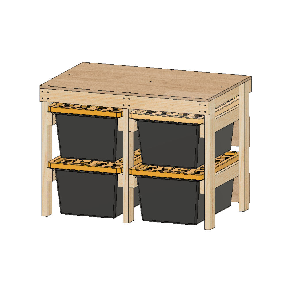 Angle view of tote workbench shown with 4 totes