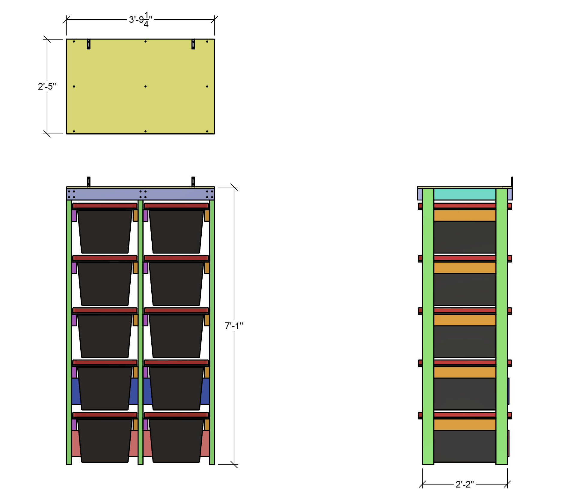 dimensions for 2 wide by 5 tall tote rack