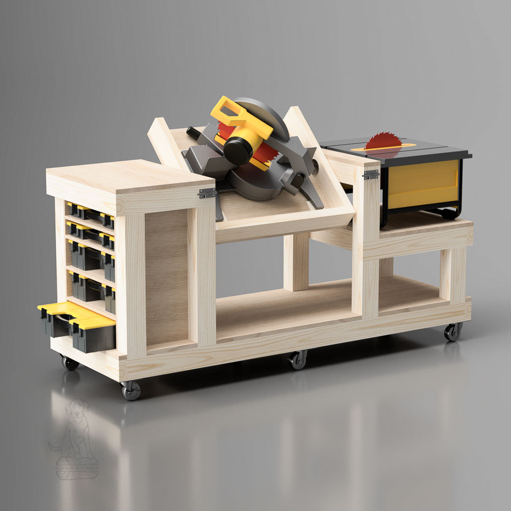 Flip top mobile workbench for table saw, miter saw and small parts storage