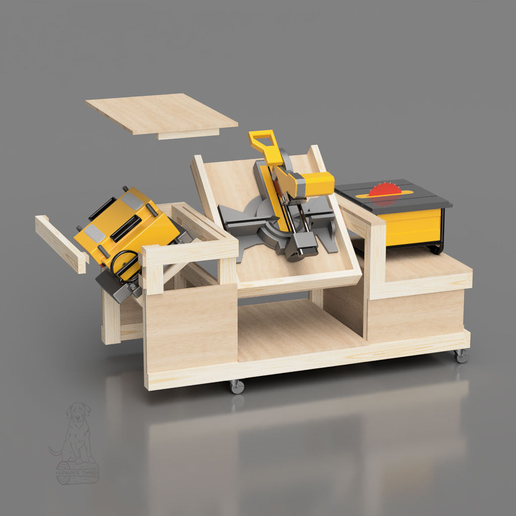 3 tool flip top workbench for planer, table saw and miter saw