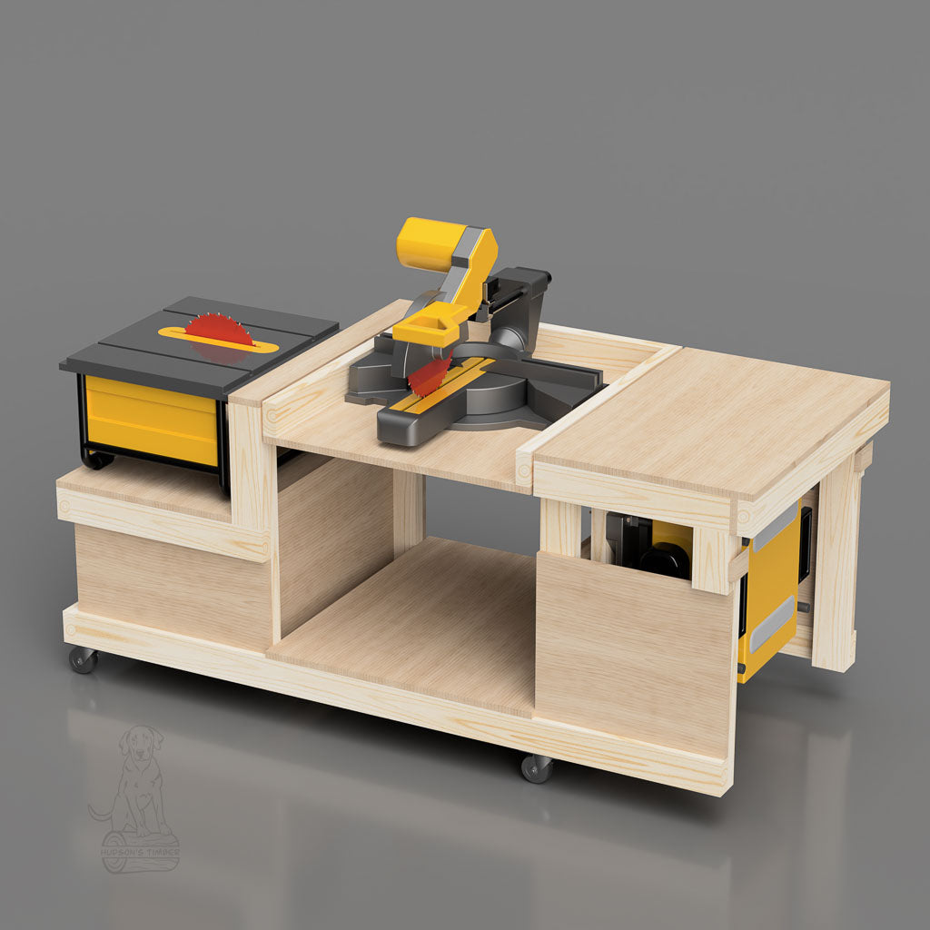 Flip top workbench shown setup for miter saw