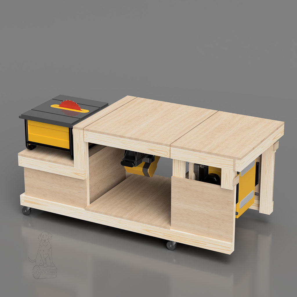 Flip top workbench shown closed and setup as table saw out feed