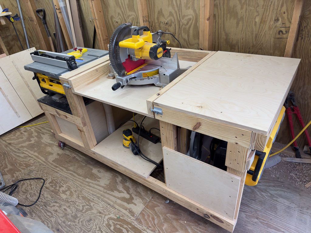 Flip Top Workbench shown with miter saw in use