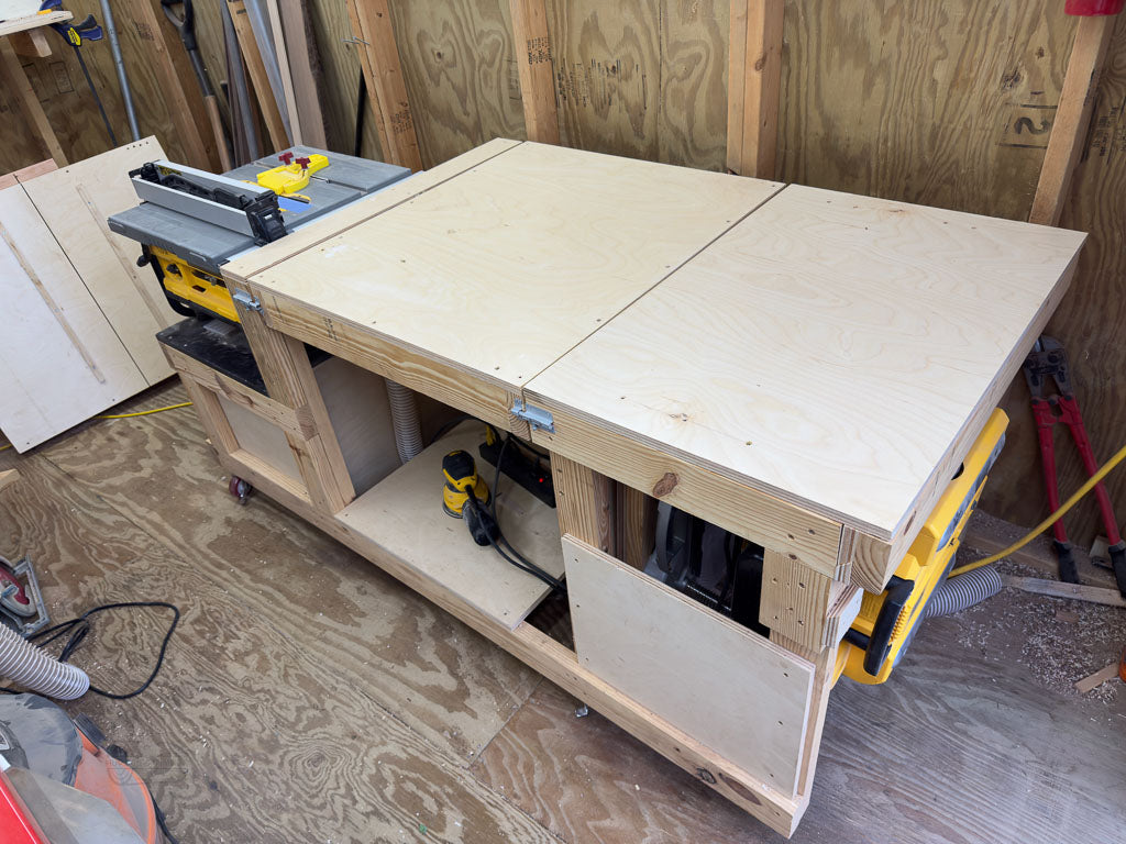 Flip Top Workbench shown setup as table saw out feed