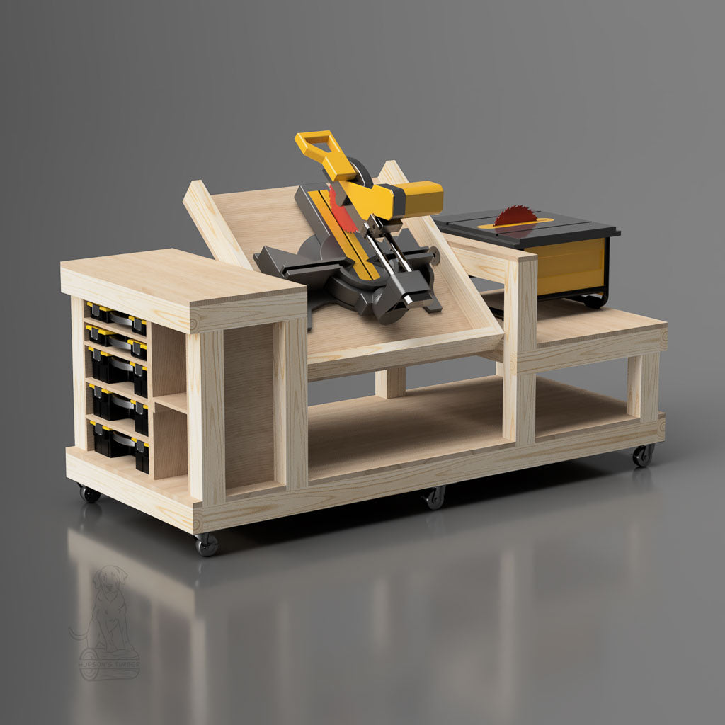 Flip top workbench plans for miter and table saw. includes small parts storage