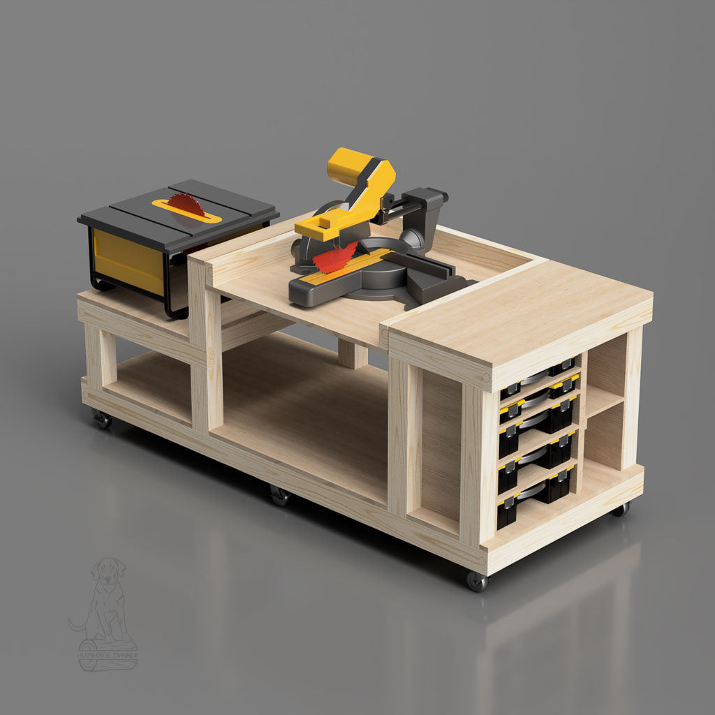 flip top workbench with miter saw in use