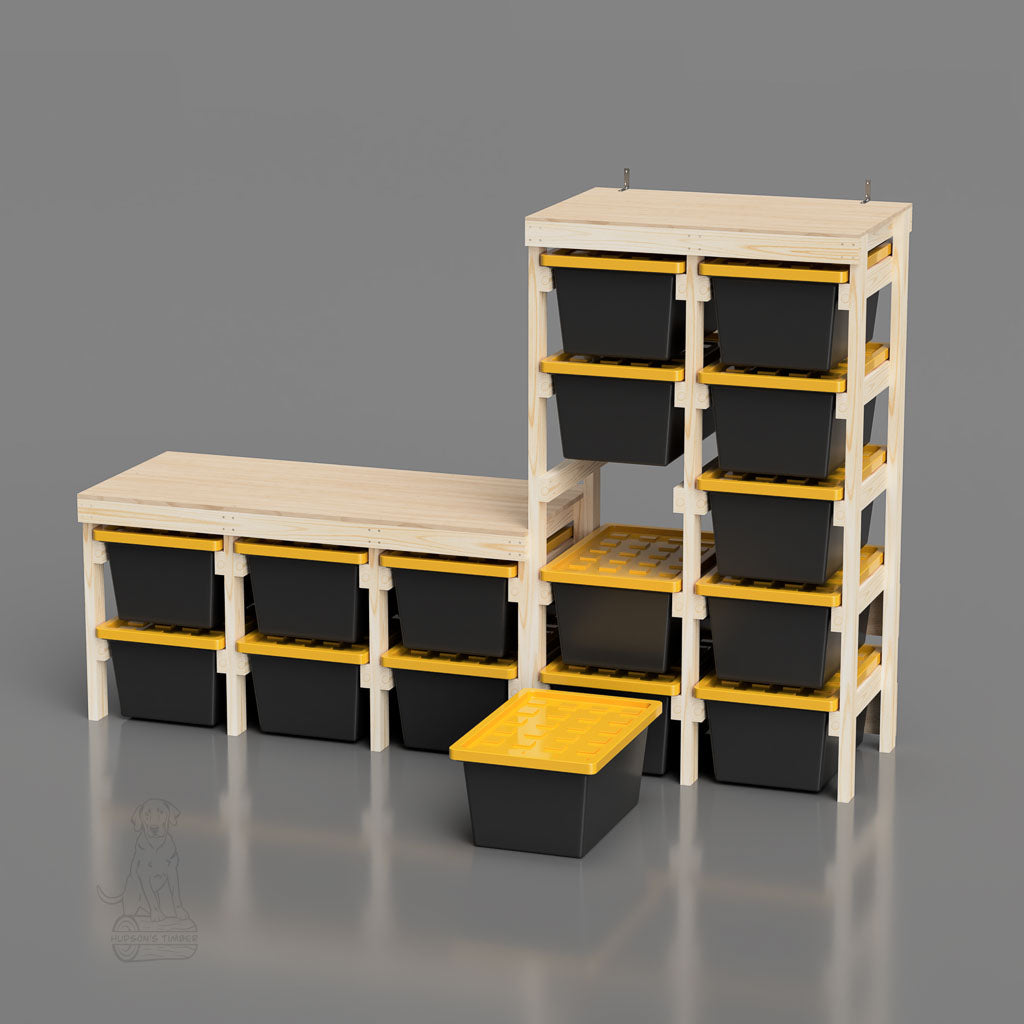 Workbench Storage Containers 27 Gallon Tote Rack Workbench - Holds 16 Lowe's Totes – Hudson's Timber