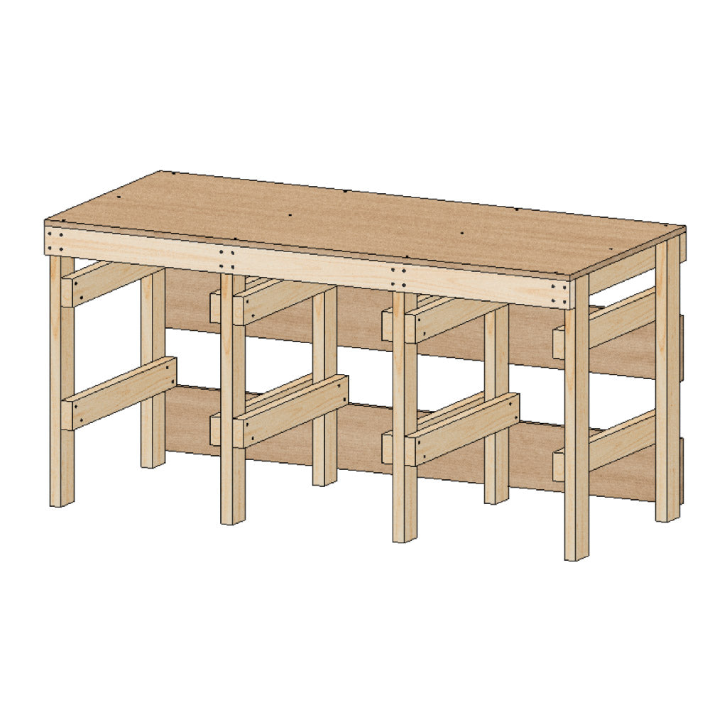 angled view of tote rack workbench, shown empty