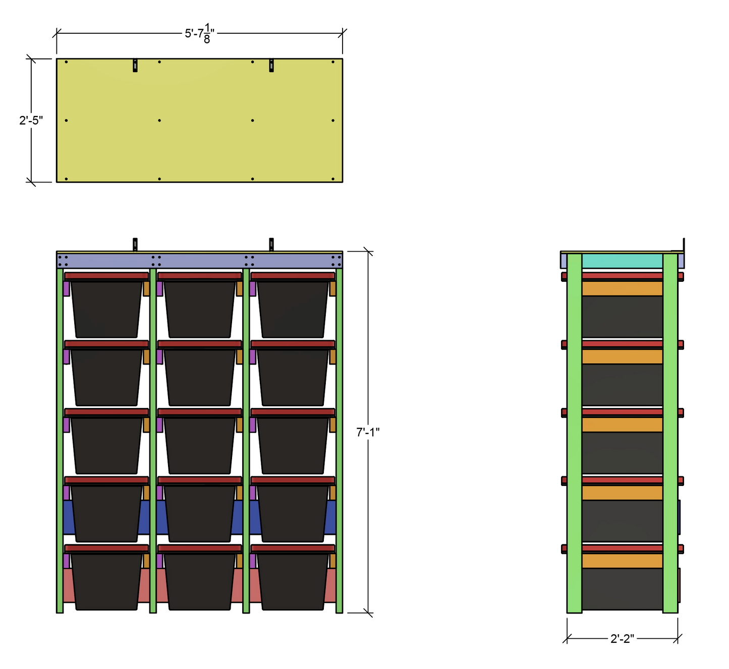 dimensions for a 3 wide by 5 tall tote rack