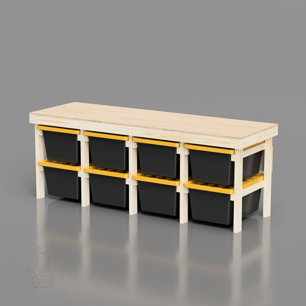 rendered angle view of tote rack workbench made from 2x4s and 1 sheet of plywood