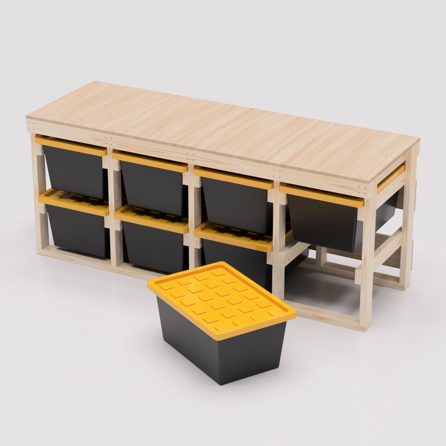 4x2 27 gallon tote storage workbench pdf plans that hold 8 totes. Compatible with most brands including Lowes, Home Depot, Costco, Sams, Menards, etc. Shown with one tote removed
