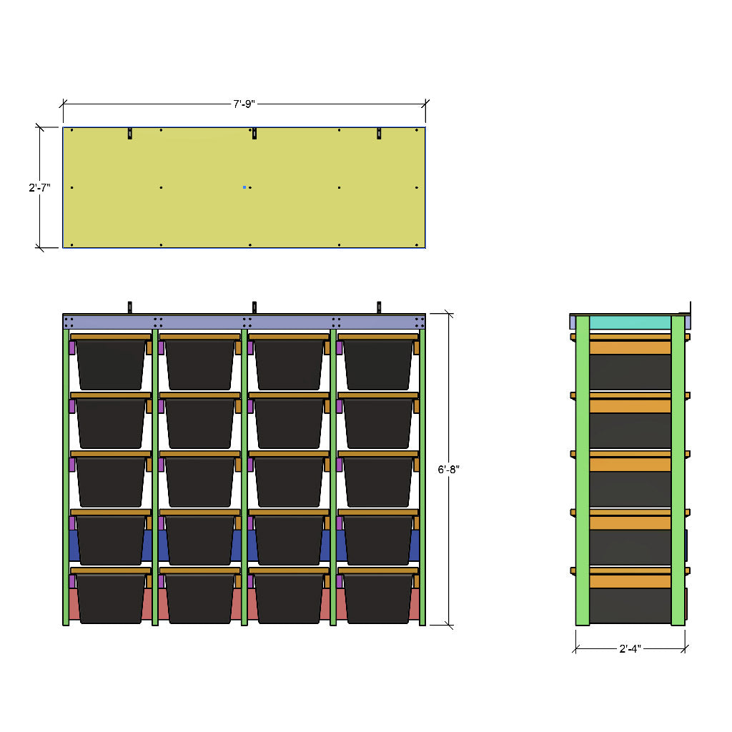 dimensions showing overall size of rack for 20 totes