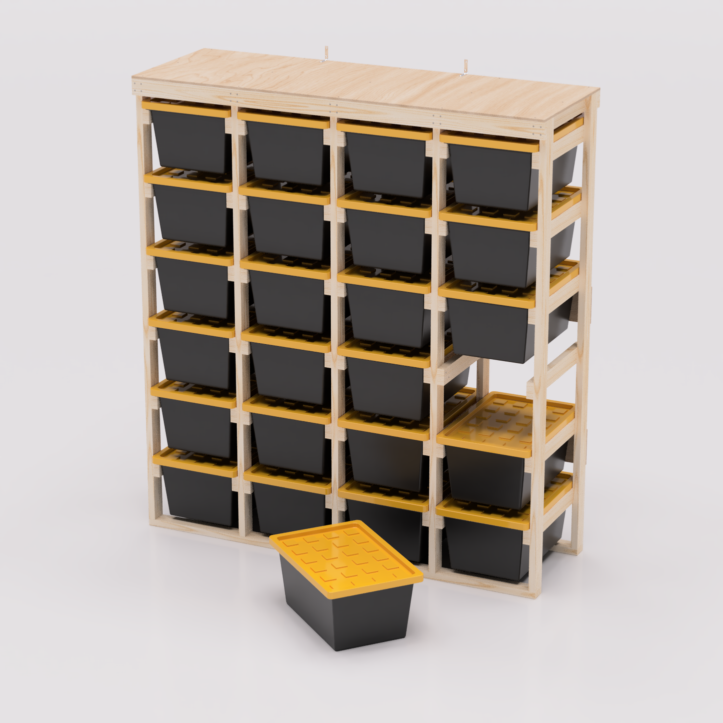 27 gallon tote storage rack plans for garage storage with shelf plans. Easy to assemble with basic tools. Plans are compatible with 27 gallon totes sold at lowes, sams club, home depot, costco, menards 4x6 model shown