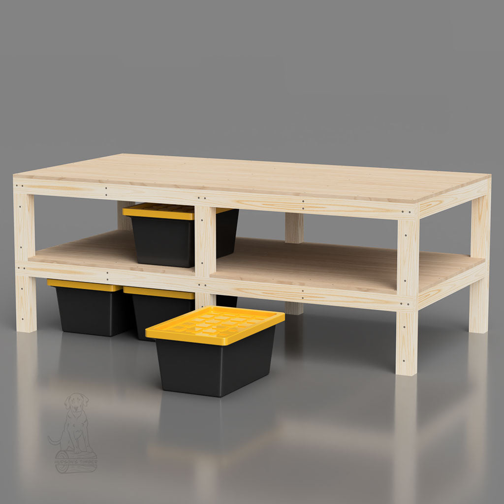 4x8 workbench with full size shelf under table that will hold totes for storage