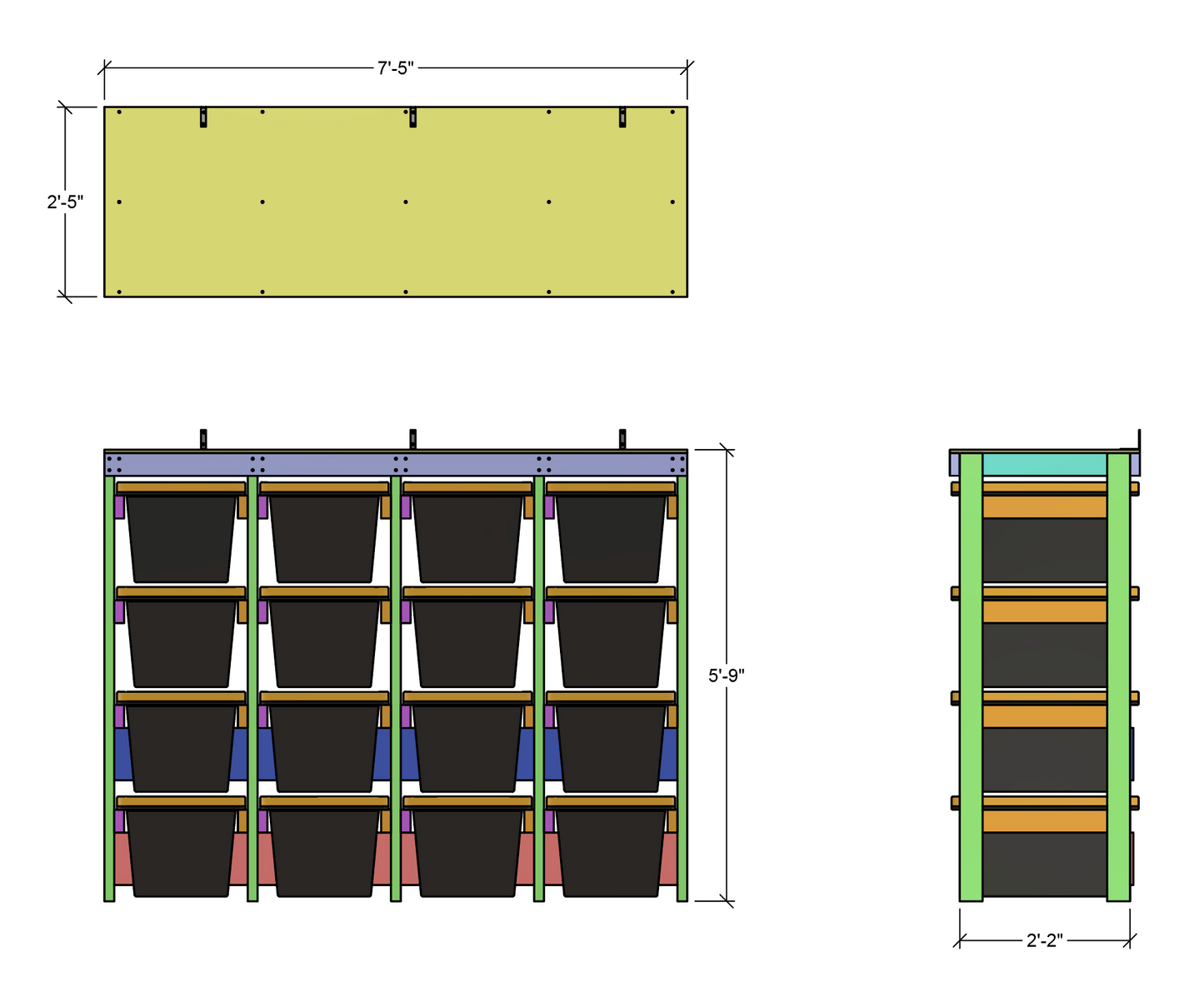 dimensions for tote rack that is 4 wide and 4 tall