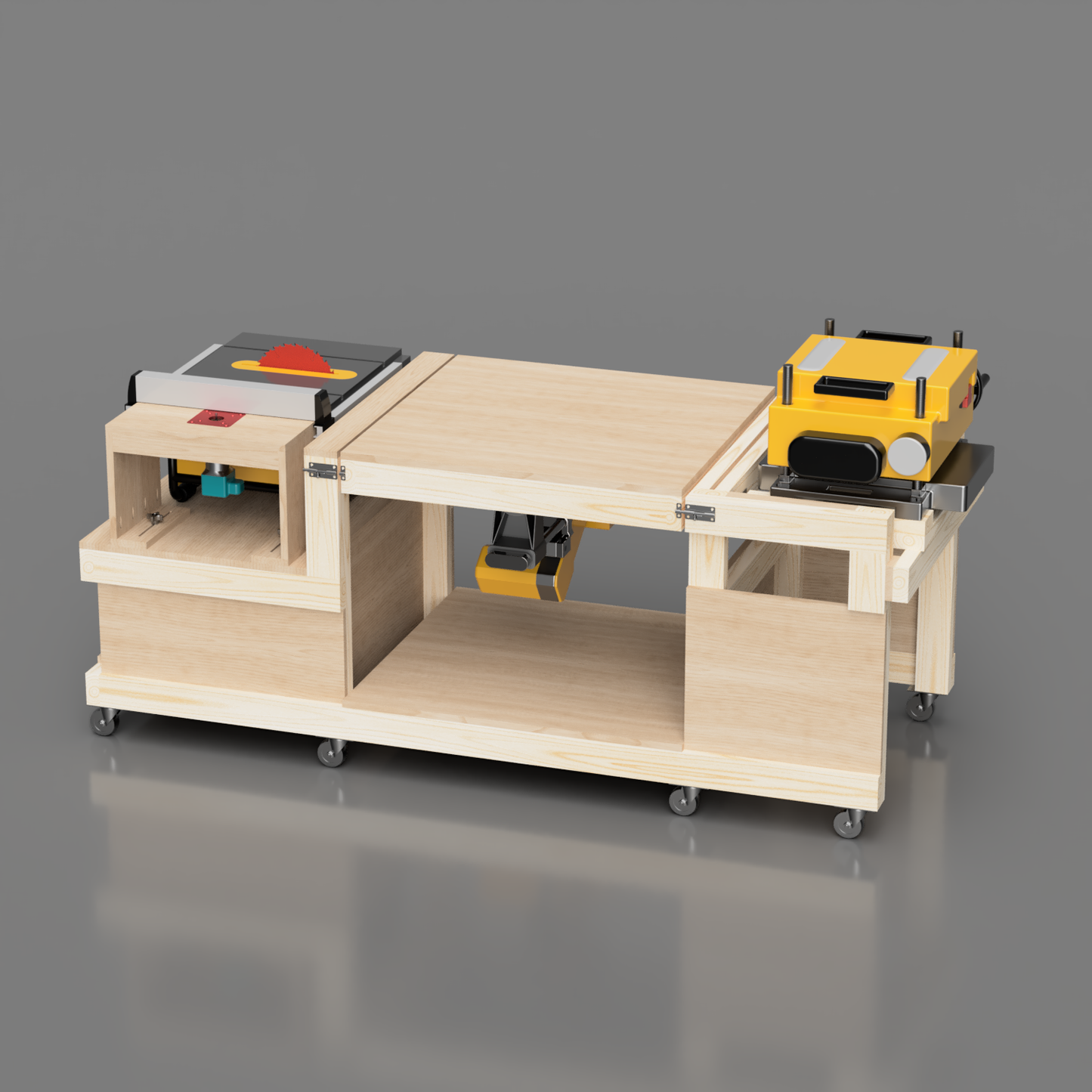 Mobile Flip Top workbench that holds table saw, miter saw, planer, router. Available in imperial and metric. Shown with planer flipped up