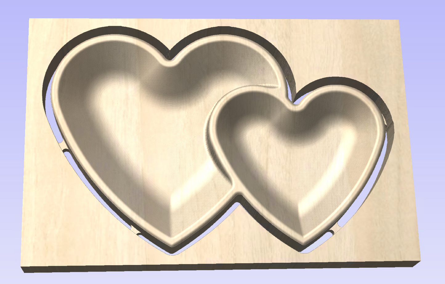 toolpath preview for 2 nested 3d hearts made into 1 tray