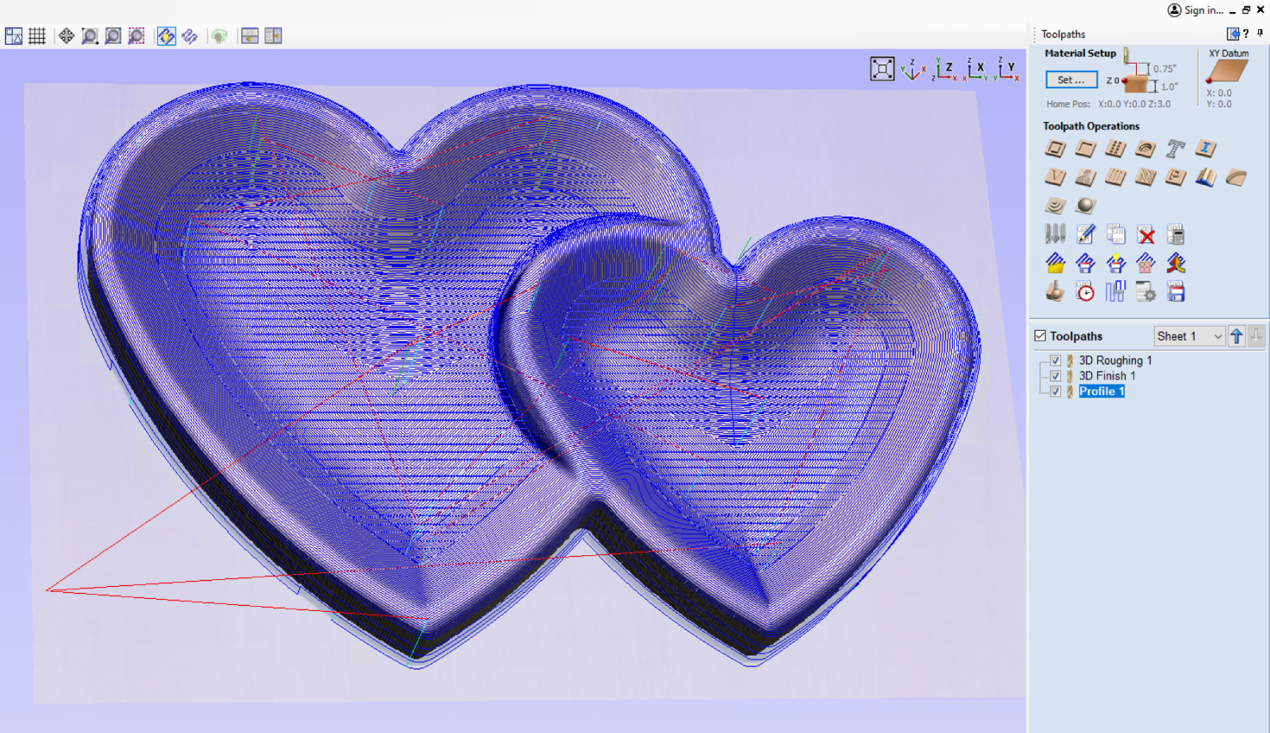 vcarve preview for 2 nested 3d hearts toolpath