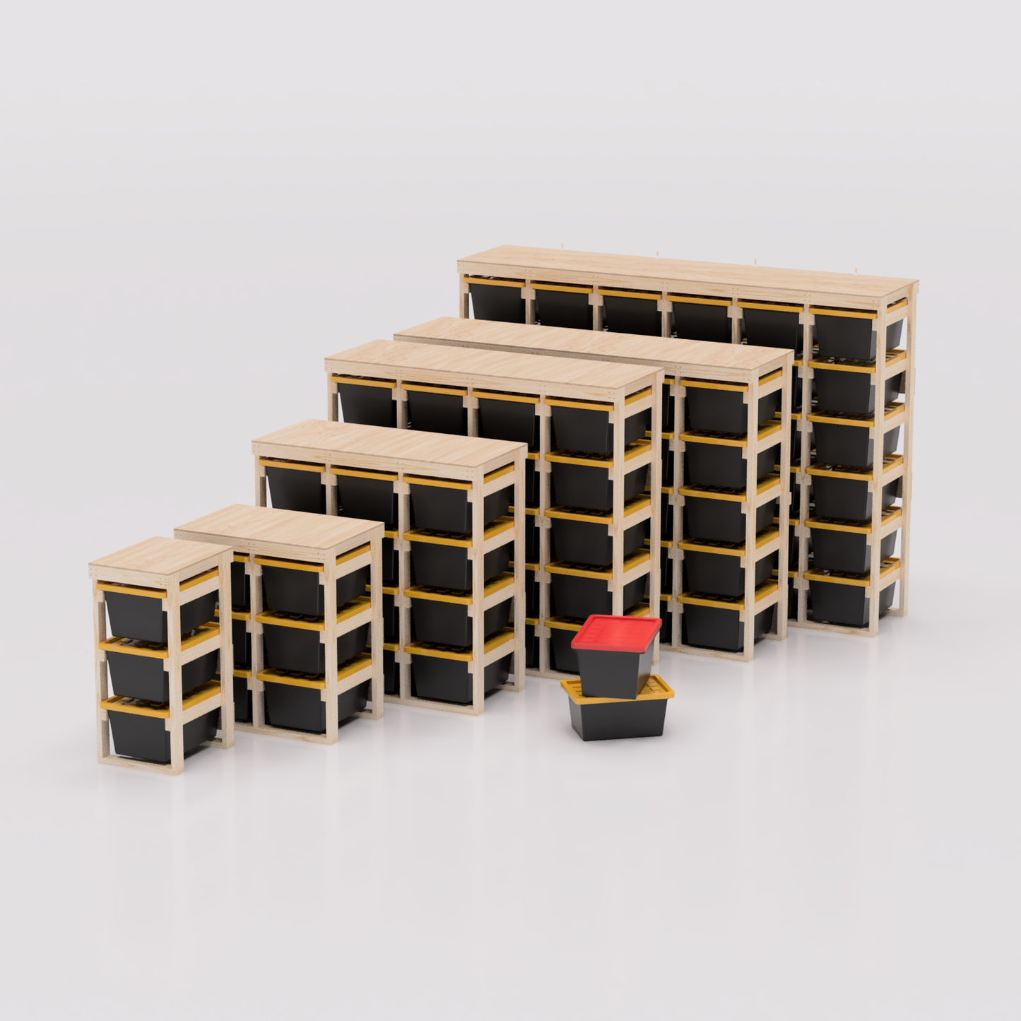 27 gallon tote storage rack plans for garage storage with shelf plans. Easy to assemble with basic tools. Plans are compatible with 27 gallon totes sold at lowes, sams club, home depot, costco, menards 6 models shown compatible with HDX