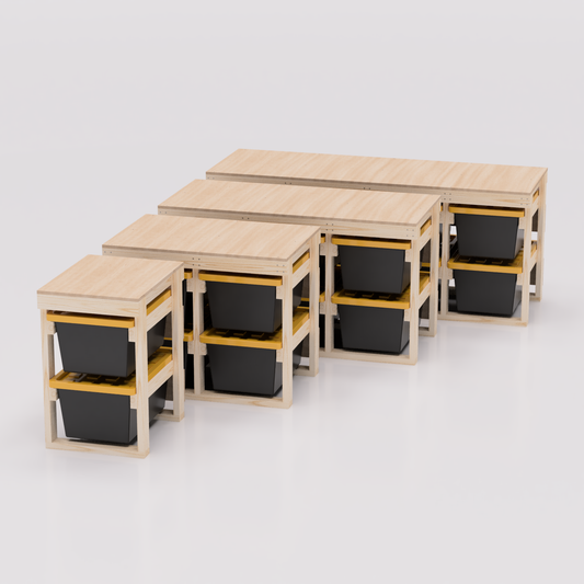 27 Gallon Tote Storage Workbench Plans that are available in 4 sizes from 1 column wide to 4 columns wide.