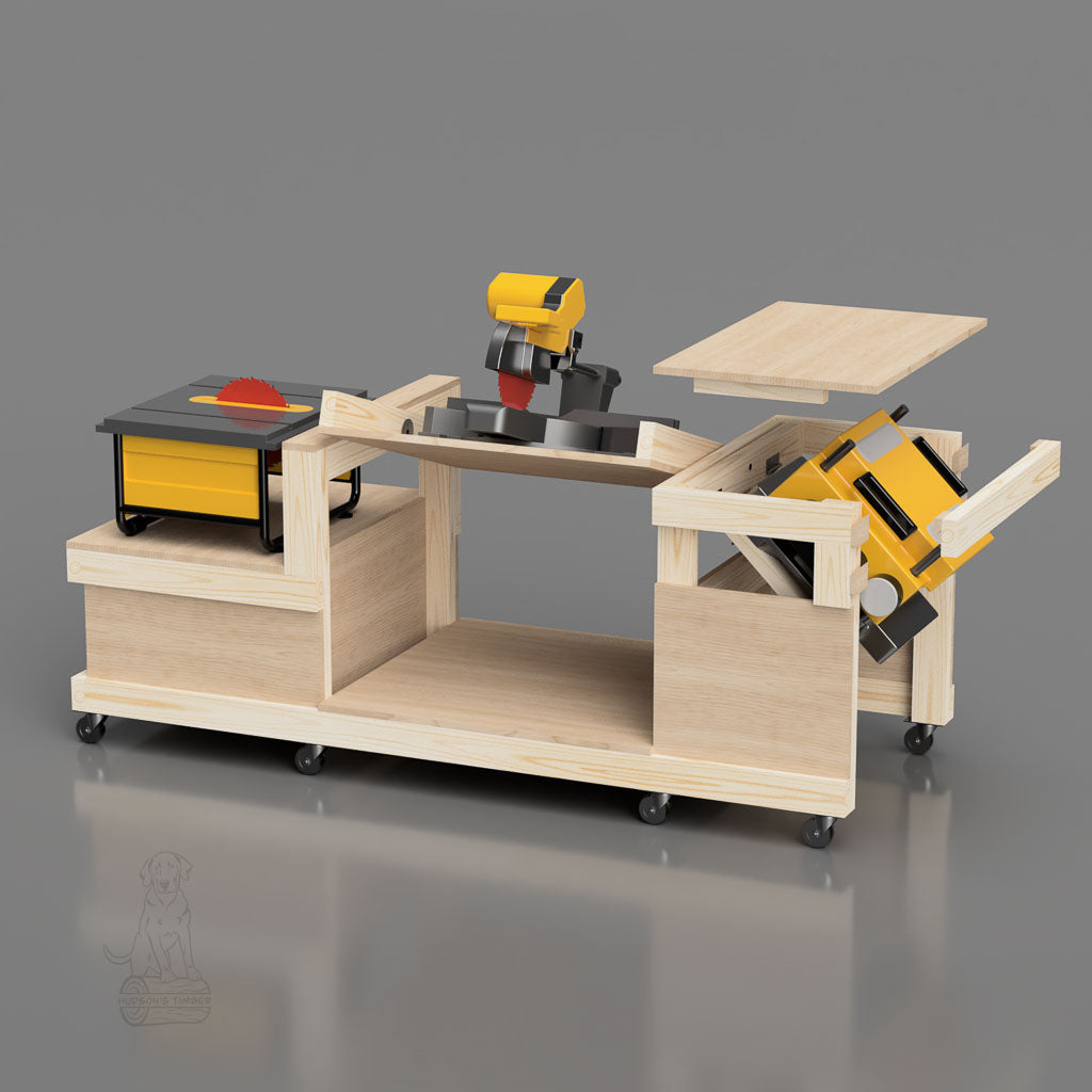flip top workbench showing moving parts for planer and miter saw
