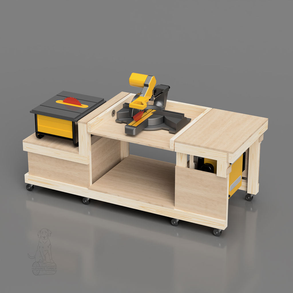 flip top workbench shown with miter saw in use
