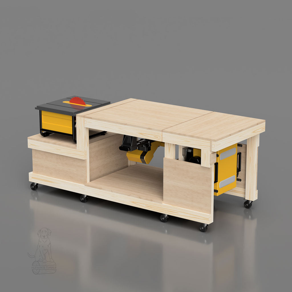 flip top 3 tool workbench shown setup for table saw outfeed